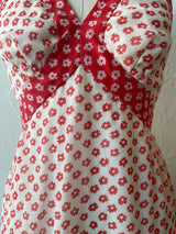 Vintage 1970s Red and White Floral Halter Maxi Dress S/M