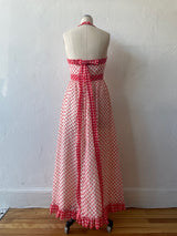 Vintage 1970s Red and White Floral Halter Maxi Dress S/M