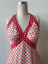 Vintage 1970s Red and White Floral Halter Maxi Dress S/M