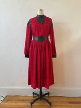 Vintage 1980s Red Patterned Silk and Black Pleather Skirt S - We Thieves