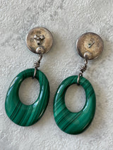 Vintage Malachite & Sterling Silver Oval Dangle Earrings