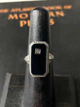 Vintage 10k White Gold Ring with Small Diamond Set in Onyx Size 6