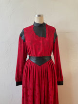 Vintage 1980s Red Patterned Silk and Black Pleather Blouse S - We Thieves