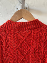 Vintage Handknit Scarlet Wool Cableknit Cardigan Sweater S/M