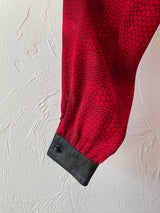 Vintage 1980s Red Patterned Silk and Black Pleather Blouse S - We Thieves