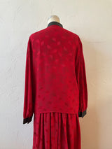Vintage 1980s Red Patterned Silk and Black Pleather Blouse S - We Thieves