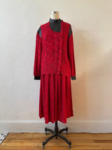 Vintage 1980s Red Patterned Silk and Black Pleather Blouse S - We Thieves