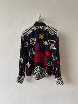 Vintage Ellen Tracy Black Silk Chinoiserie Graphic Print Blouse L - We Thieves