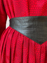 Vintage 1980s Red Patterned Silk and Black Pleather Skirt S - We Thieves