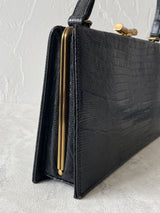 Vintage 50s/60s Black Snakeskin/Lizard Handbag with Gold Bamboo Clasp - We Thieves