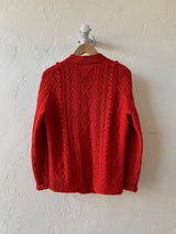 Vintage Handknit Scarlet Wool Cableknit Cardigan Sweater S/M