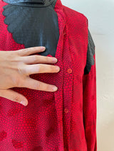 Vintage 1980s Red Patterned Silk and Black Pleather Blouse S - We Thieves