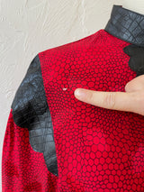 Vintage 1980s Red Patterned Silk and Black Pleather Blouse S - We Thieves