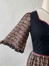 Vintage 70s Damina Black Paisley Lace-Up Bodice Boho Dress S - We Thieves