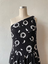 Vintage Black & White Circle Print One-Shoulder Cotton Dress M - We Thieves