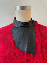 Vintage 1980s Red Patterned Silk and Black Pleather Blouse S - We Thieves