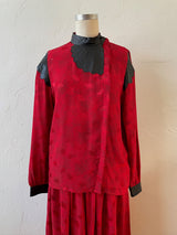 Vintage 1980s Red Patterned Silk and Black Pleather Blouse S - We Thieves