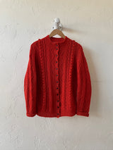 Vintage Handknit Scarlet Wool Cableknit Cardigan Sweater S/M