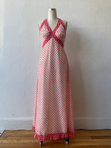 Vintage 1970s Red and White Floral Halter Maxi Dress S/M