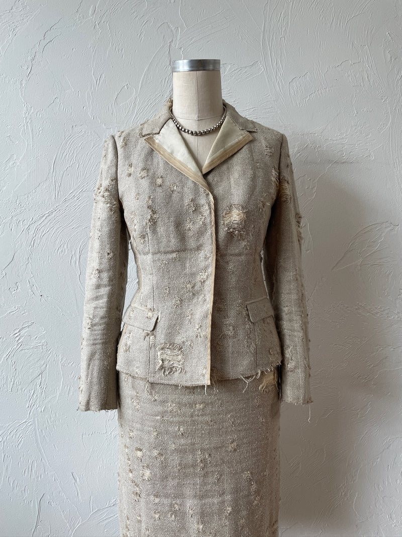 Vintage Prada Distressed Linen Silk Blend Blazer & Skirt Coordinate Set Size 40 - We Thieves
