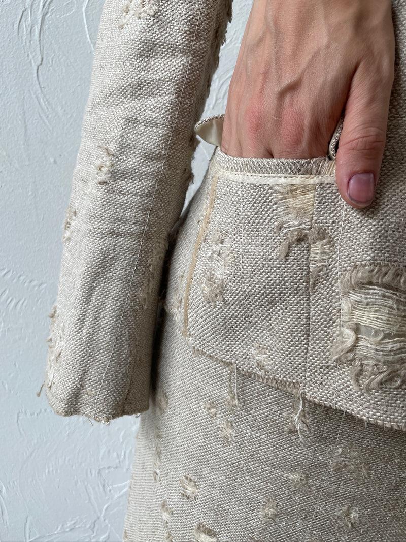 Vintage Prada Distressed Linen Silk Blend Blazer & Skirt Coordinate Set Size 40 - We Thieves