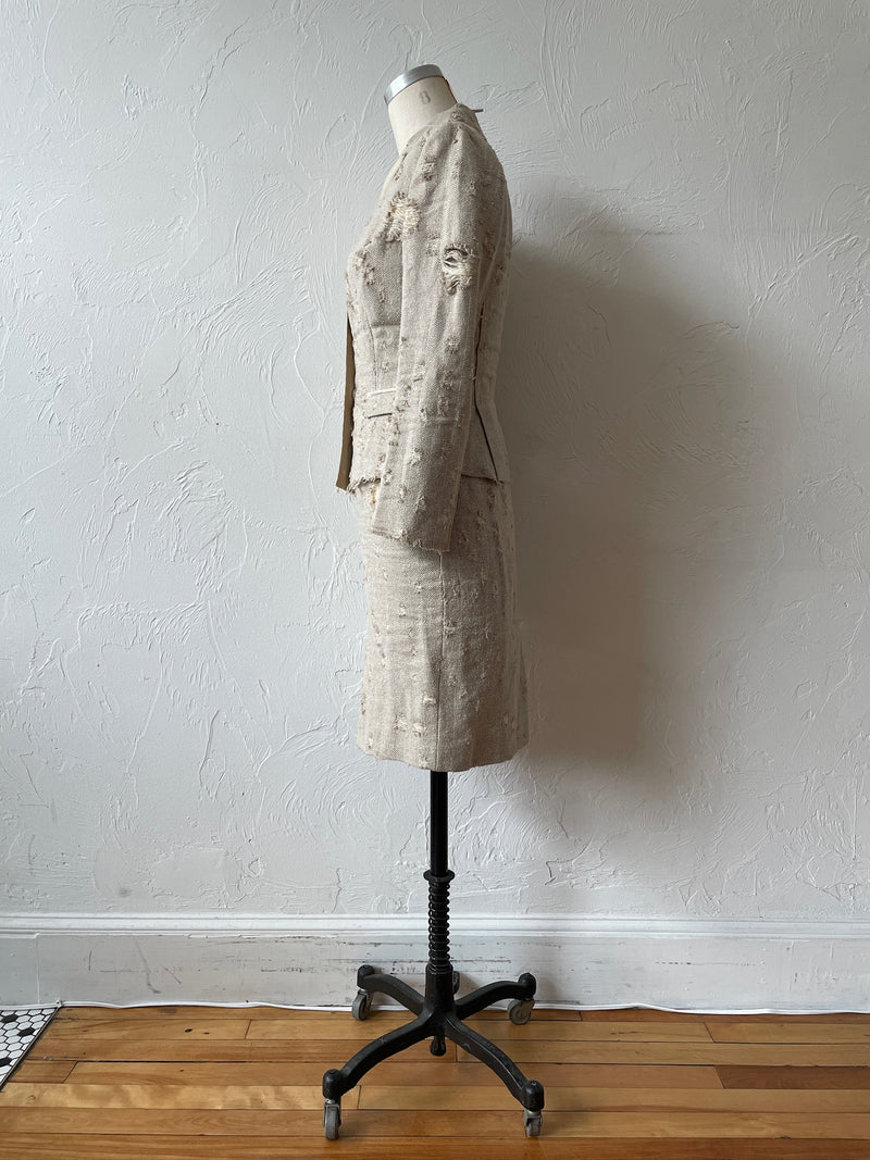 Vintage Prada Distressed Linen Silk Blend Blazer & Skirt Coordinate Set Size 40 - We Thieves