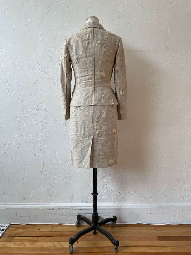 Vintage Prada Distressed Linen Silk Blend Blazer & Skirt Coordinate Set Size 40 - We Thieves