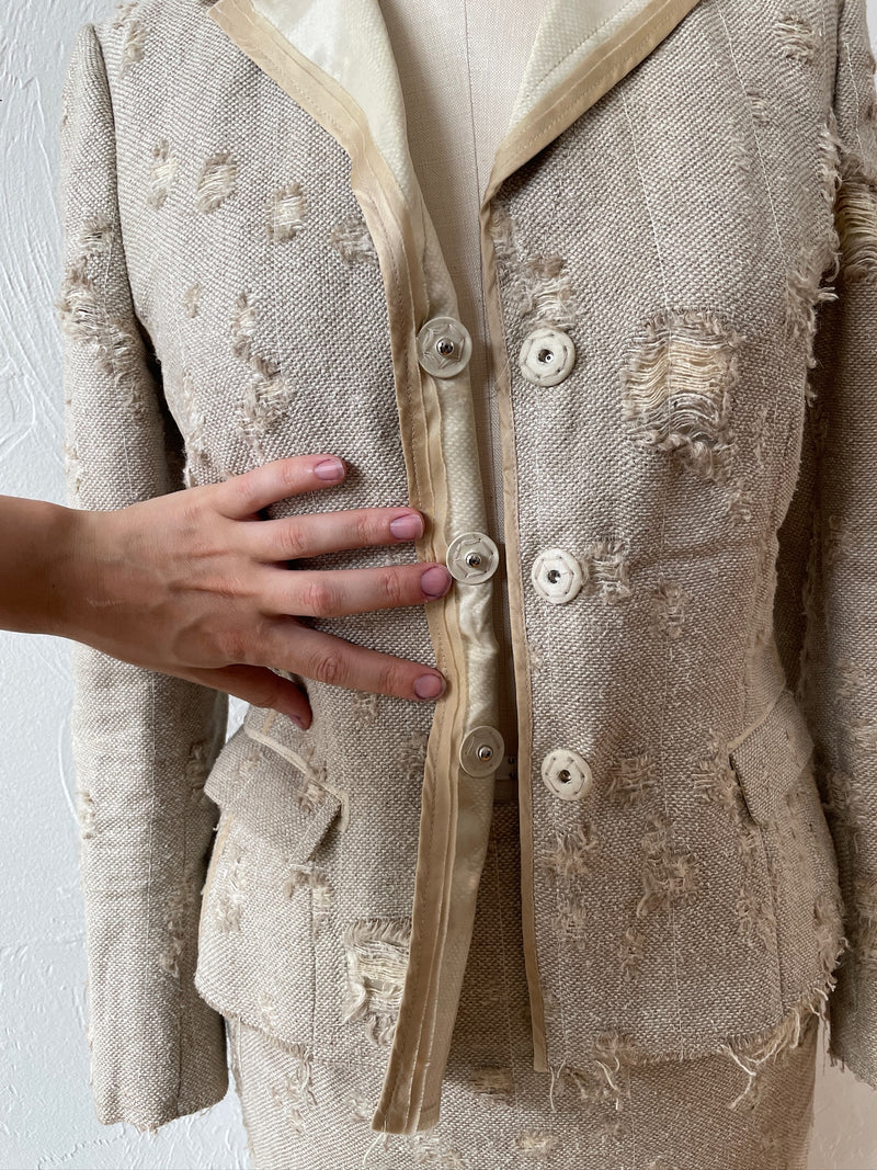 Vintage Prada Distressed Linen Silk Blend Blazer & Skirt Coordinate Set Size 40 - We Thieves