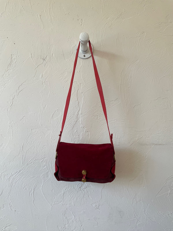 Vintage Perry Ellis Maroon Suede Two-Tone Handbag with Brass Button Closure - We Thieves
