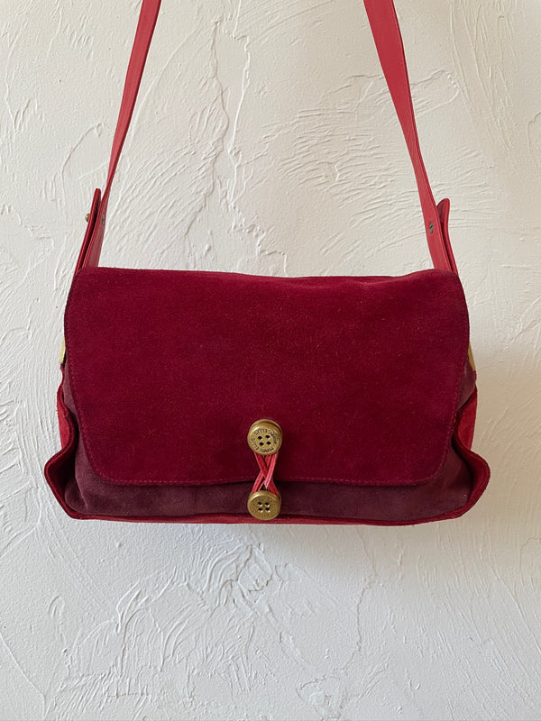 Vintage Perry Ellis Maroon Suede Two-Tone Handbag with Brass Button Closure - We Thieves