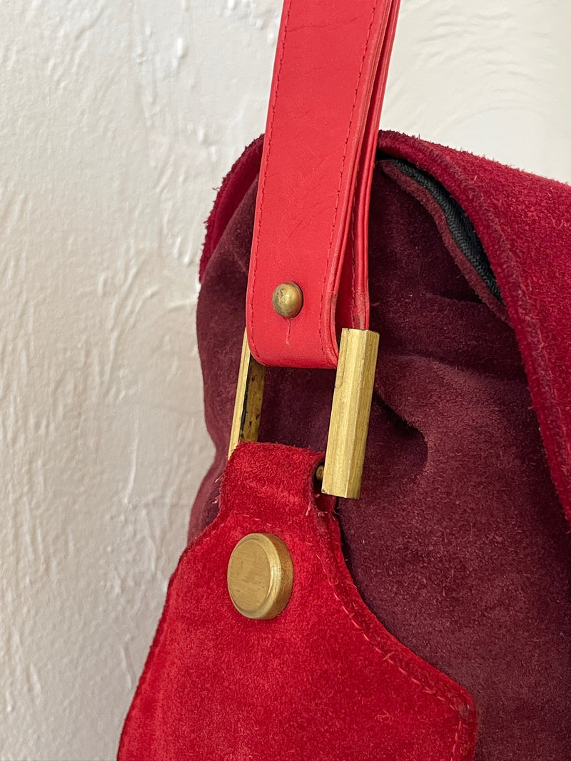 Vintage Perry Ellis Maroon Suede Two-Tone Handbag with Brass Button Closure - We Thieves