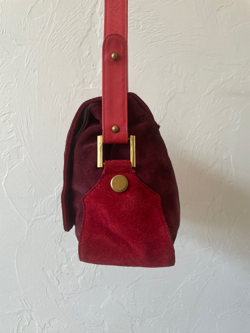 Vintage Perry Ellis Maroon Suede Two-Tone Handbag with Brass Button Closure - We Thieves