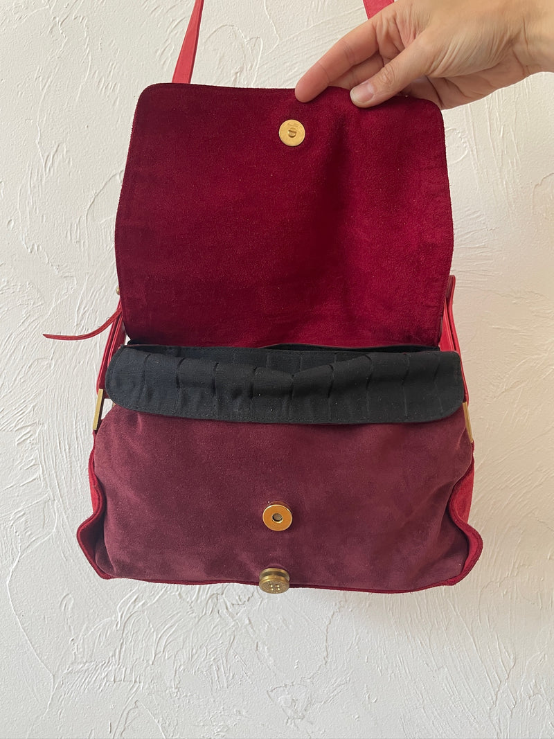 Vintage Perry Ellis Maroon Suede Two-Tone Handbag with Brass Button Closure - We Thieves