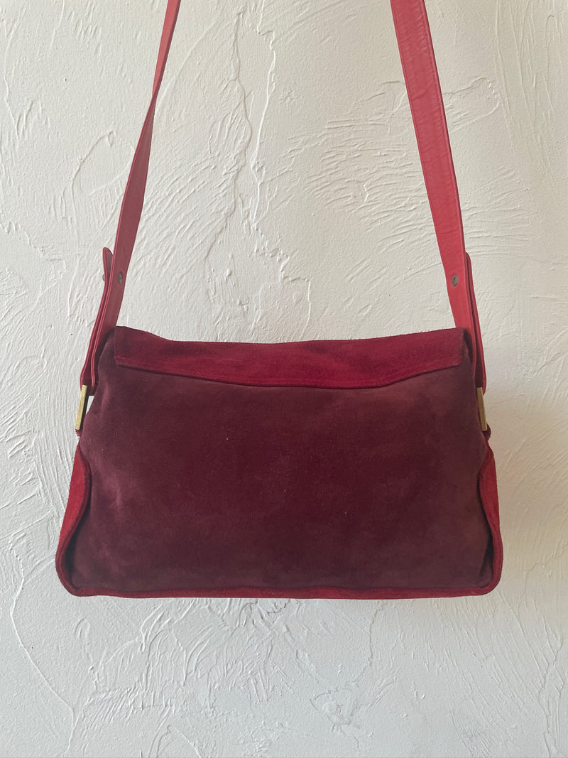 Vintage Perry Ellis Maroon Suede Two-Tone Handbag with Brass Button Closure - We Thieves