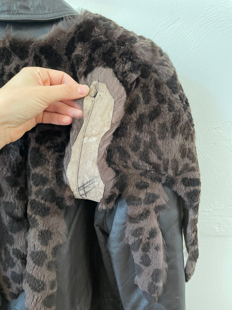 Vintage Carol Little Brown Leather & Animal Print Fur Cape Coat Large - We Thieves