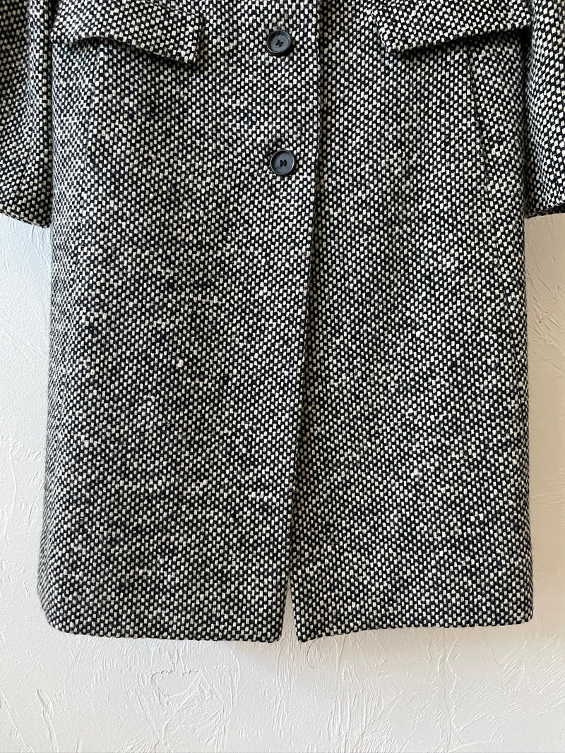 Vintage 60s Jane Justin Black & White Woven Wool Coat M