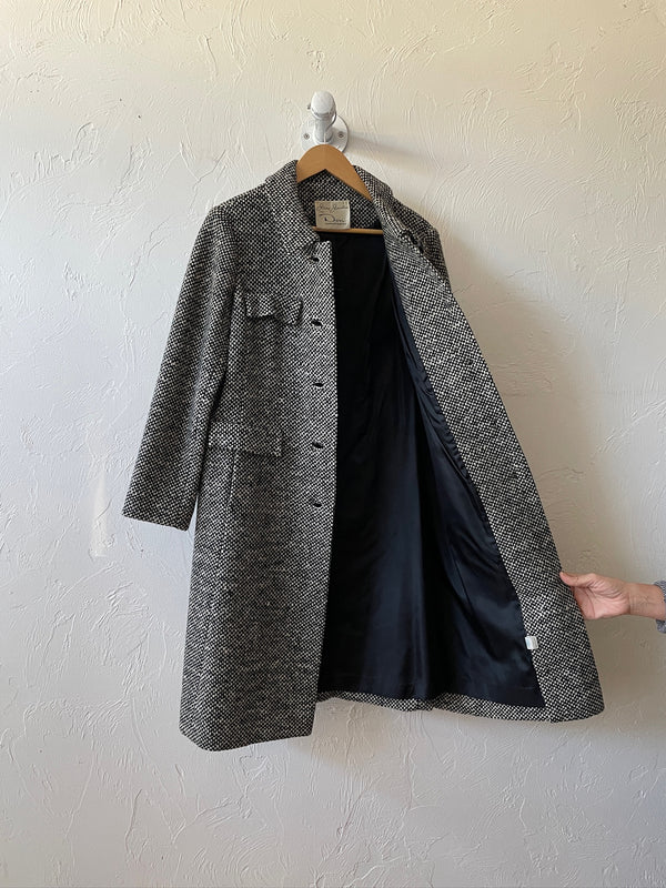 Vintage 60s Jane Justin Black & White Woven Wool Coat M
