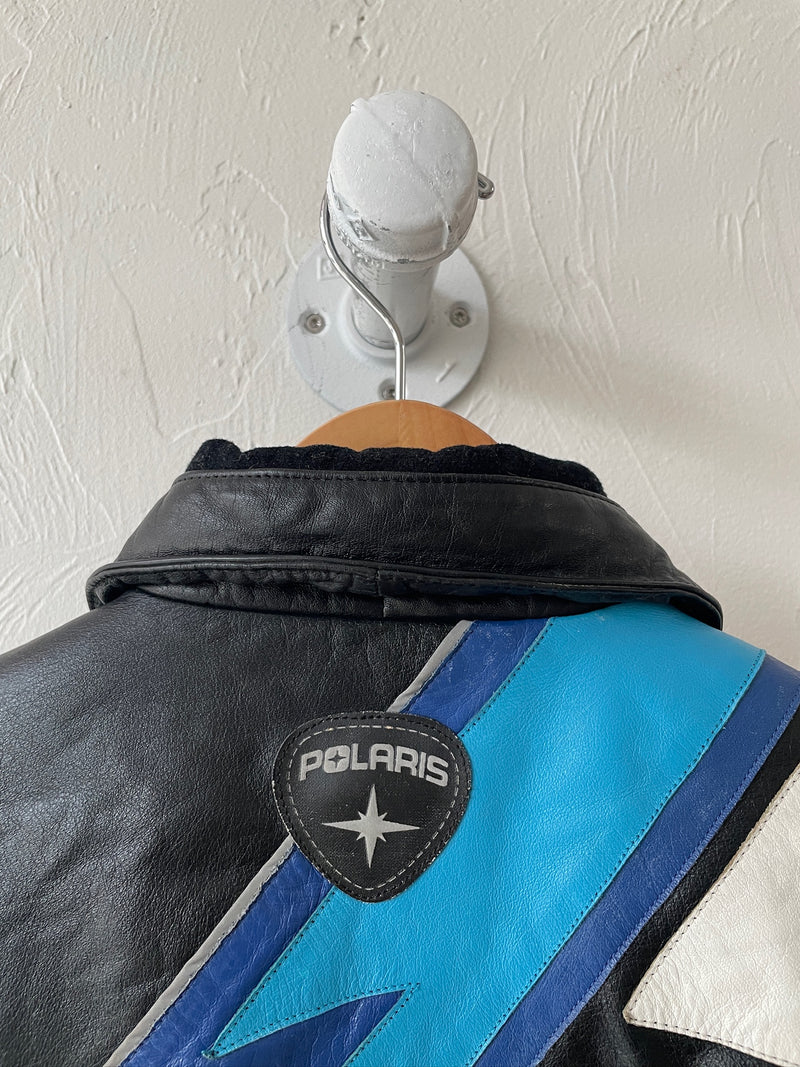 Vintage Polaris Black Leather Racing Jacket with Quilted Lining S