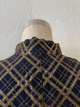 Vintage 50s/60s Navy & Gold Lurex Plaid Sheath Dress S