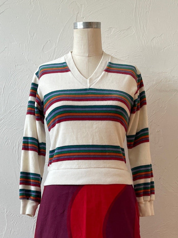 Vintage 70s Cotton Terry Knit Striped V-Neck Top XS/S - We Thieves