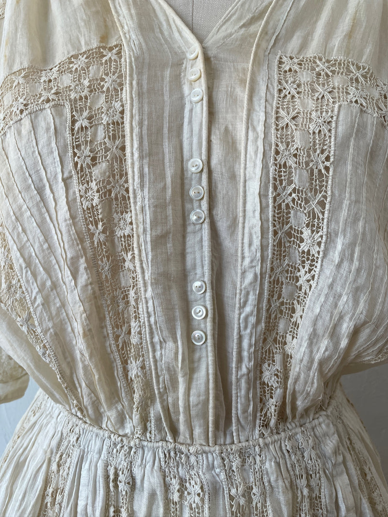 Vintage Antique Couture Linen + Lace Occasional Maxi Dress S/M - We Thieves