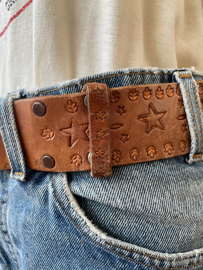 Vintage Tooled Leather Belt with THE WHO Band Brass Buckle M/L - We Thieves