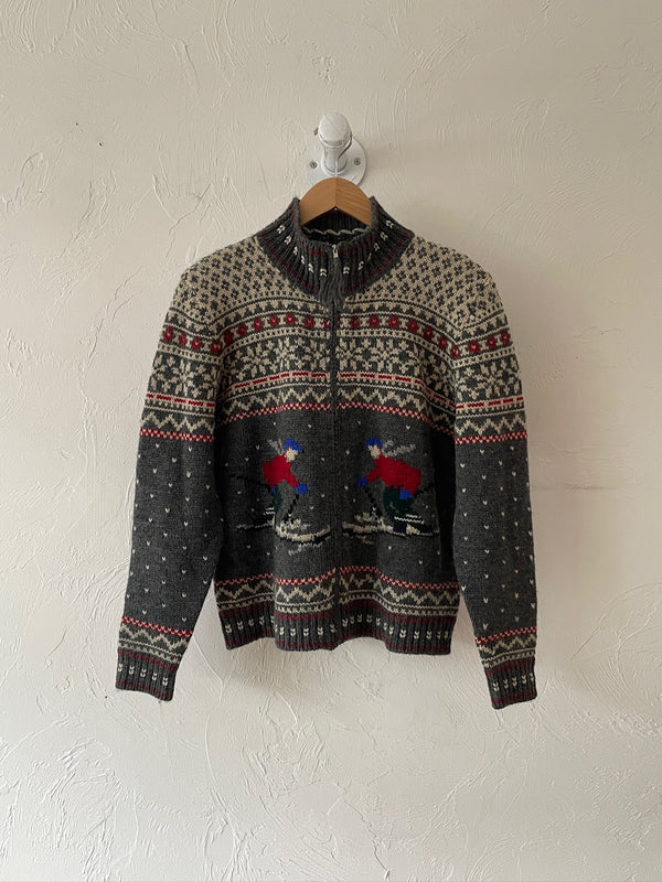 Vintage Ralph Lauren Grey Wool Zippered Skiiers Cardigan Sweater L