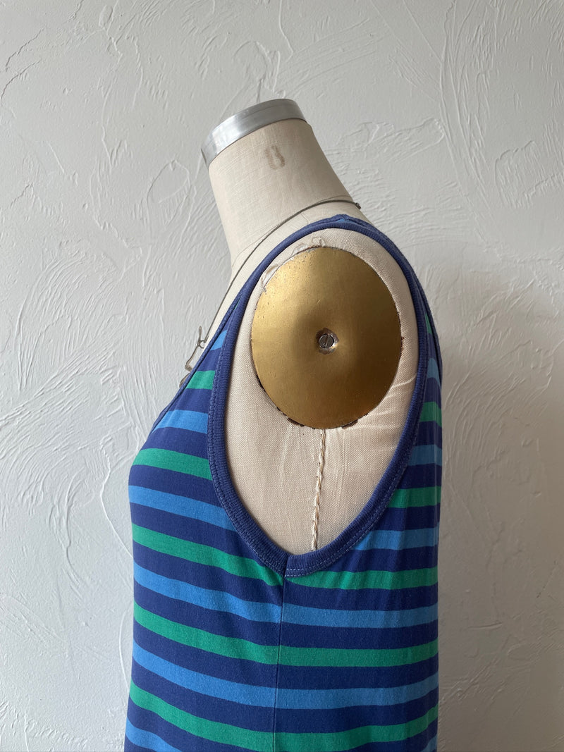 Vintage 80s Imagnin Blue & Green Striped Cotton Tank Dress M - We Thieves