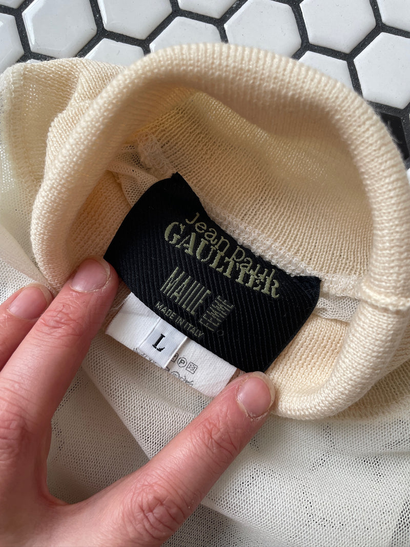 Vintage Jean Paul Gaultier Maille Femme White Mesh Knit Turtleneck L - We Thieves