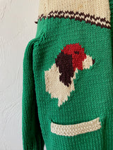 Vintage Handknit Green Hunting Dogs Zip-Up Cardigan Sweater M