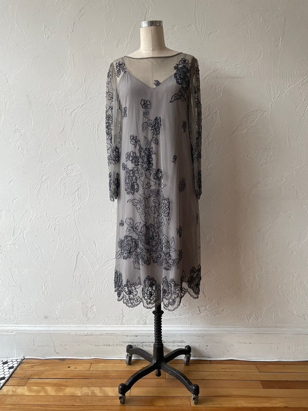 Vintage Silvery Grey Mesh Dress with Floral Beading S/M