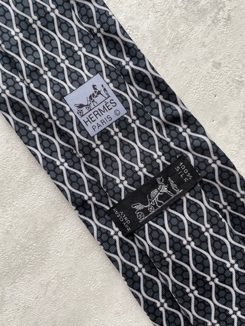 Vintage Hermes Greyscale Patterned Silk Neck Tie