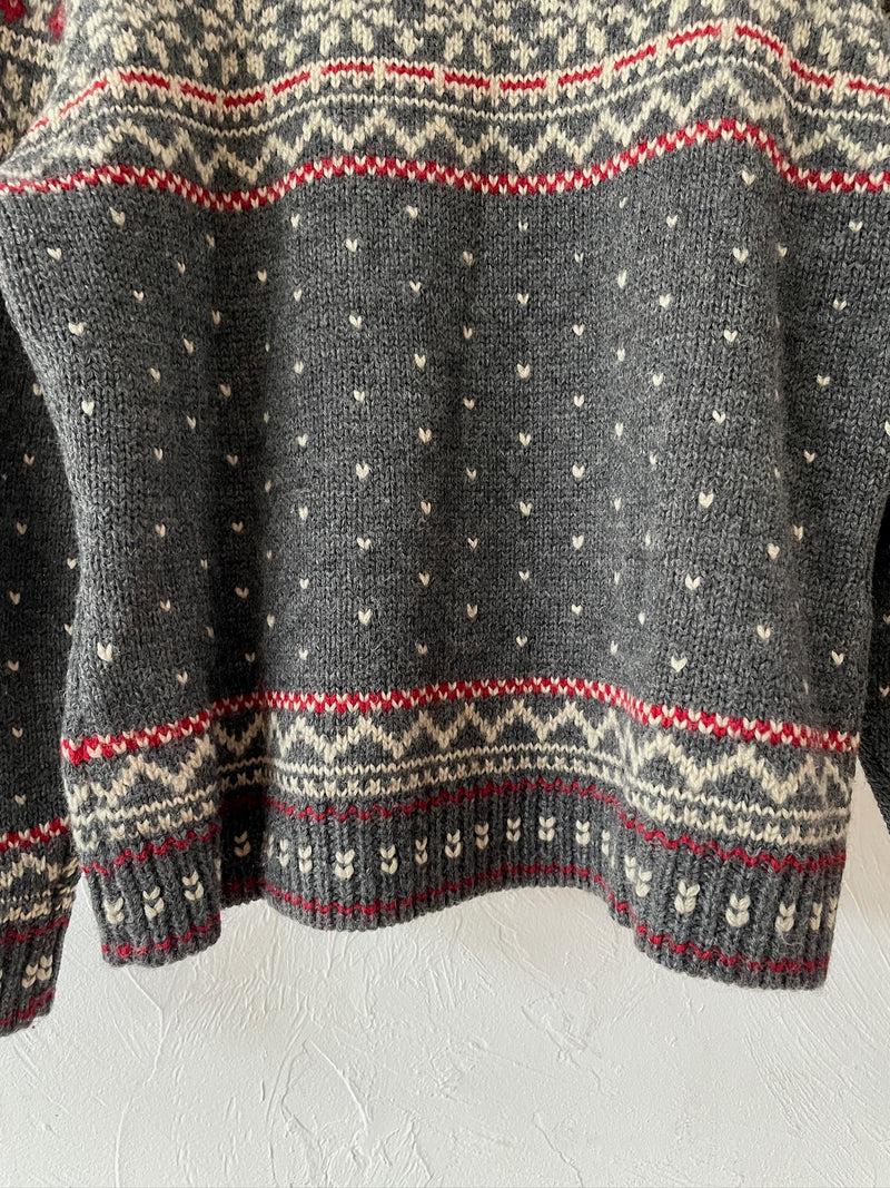 Vintage Ralph Lauren Grey Wool Zippered Skiiers Cardigan Sweater L