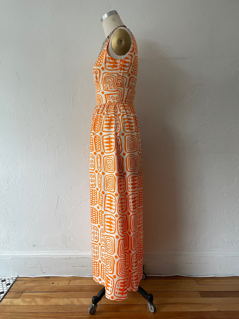 Vintage 70s Empire Waist Orange Print Maxi Dress S - We Thieves